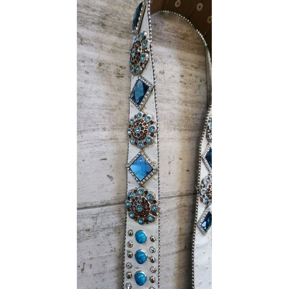 Atlas Womans Rhinestone White Belt Western Cowboy Leather‎ Sz 36 Studded NWT - Picture 8 of 9